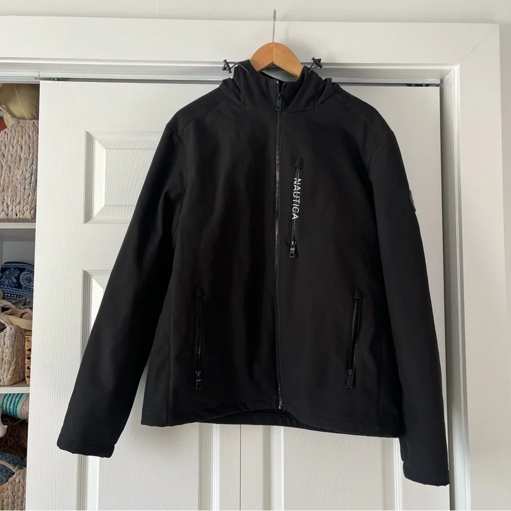 Sold xlist Nautica Mens Hooded Jacket Black Water & Wind Resistant Size Large - Picture 1 of 6